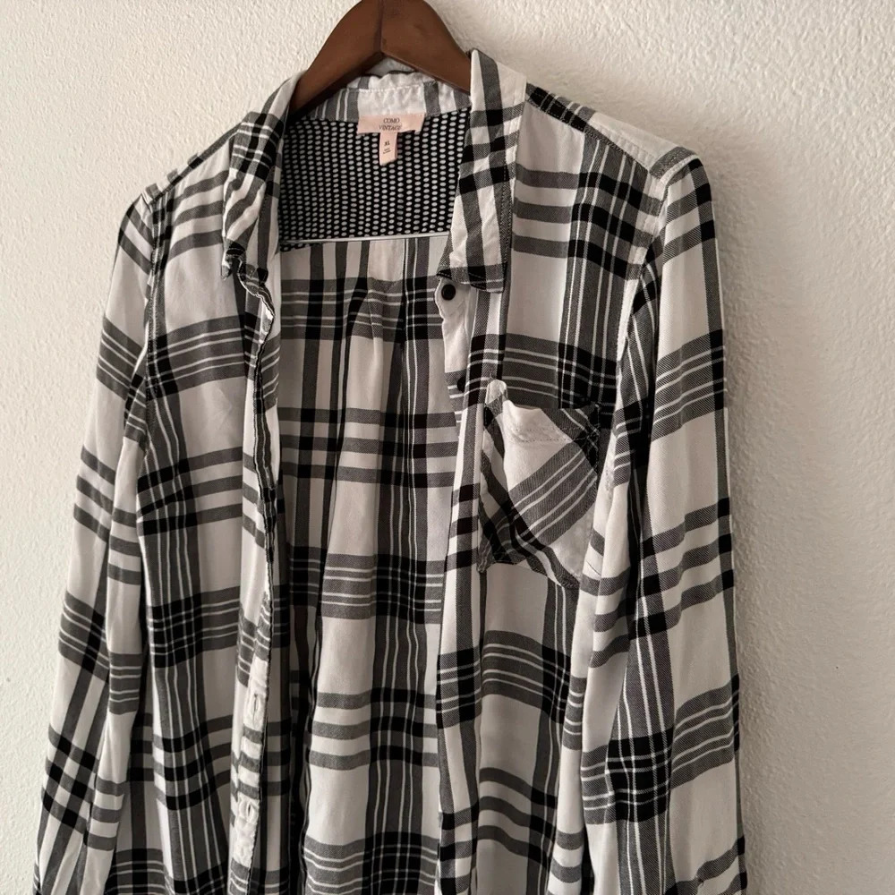 Como Vintage Plaid Flannel Button Down Shirt Black White Grungecore XL Cozy - Picture 5 of 14